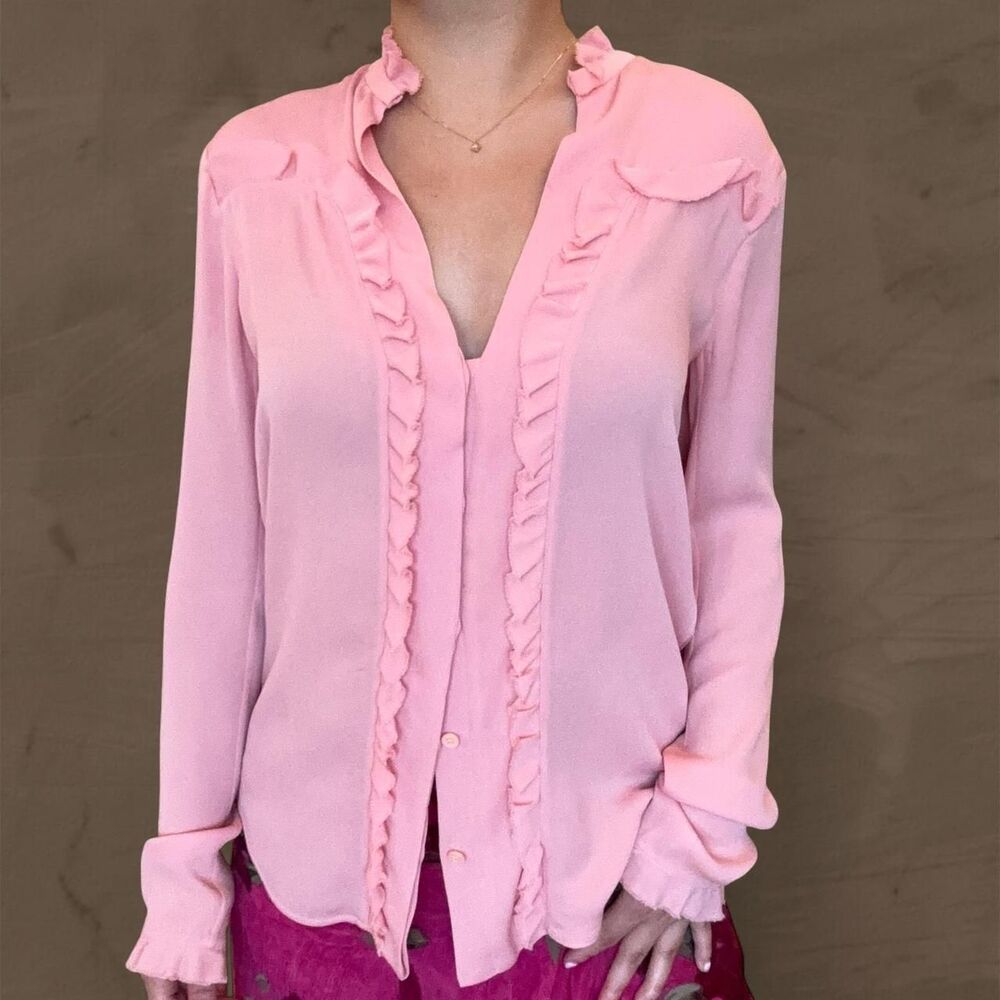 Balenciaga baby pink silk ruffled blouse frilly chic girly button down size 36